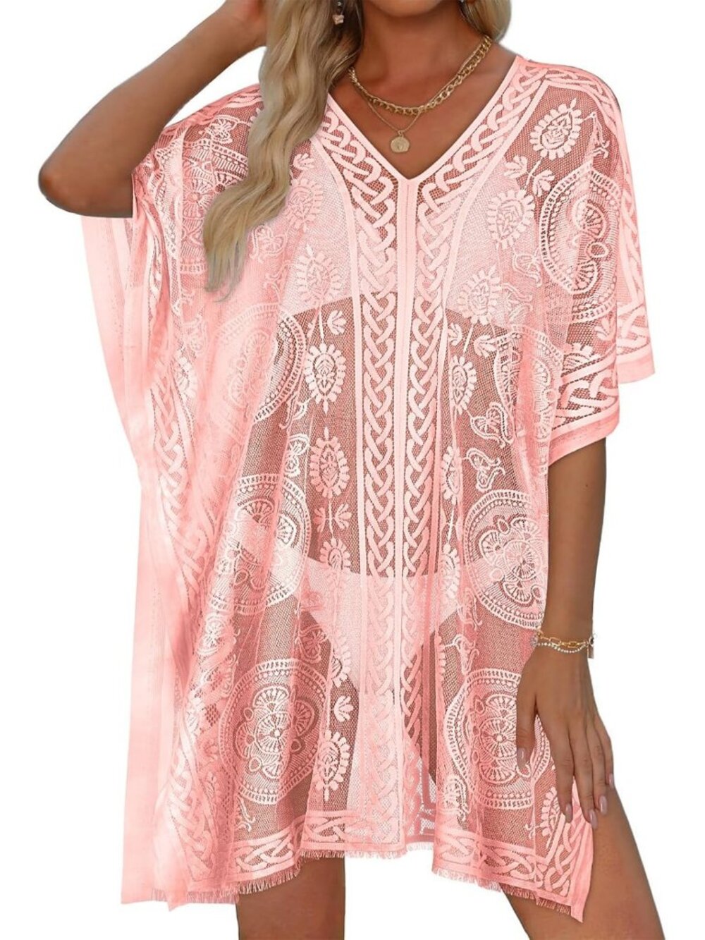 Women's Light Pink Polyester V Neck Laced Summer Swim Loose Bikni Coverup Dress